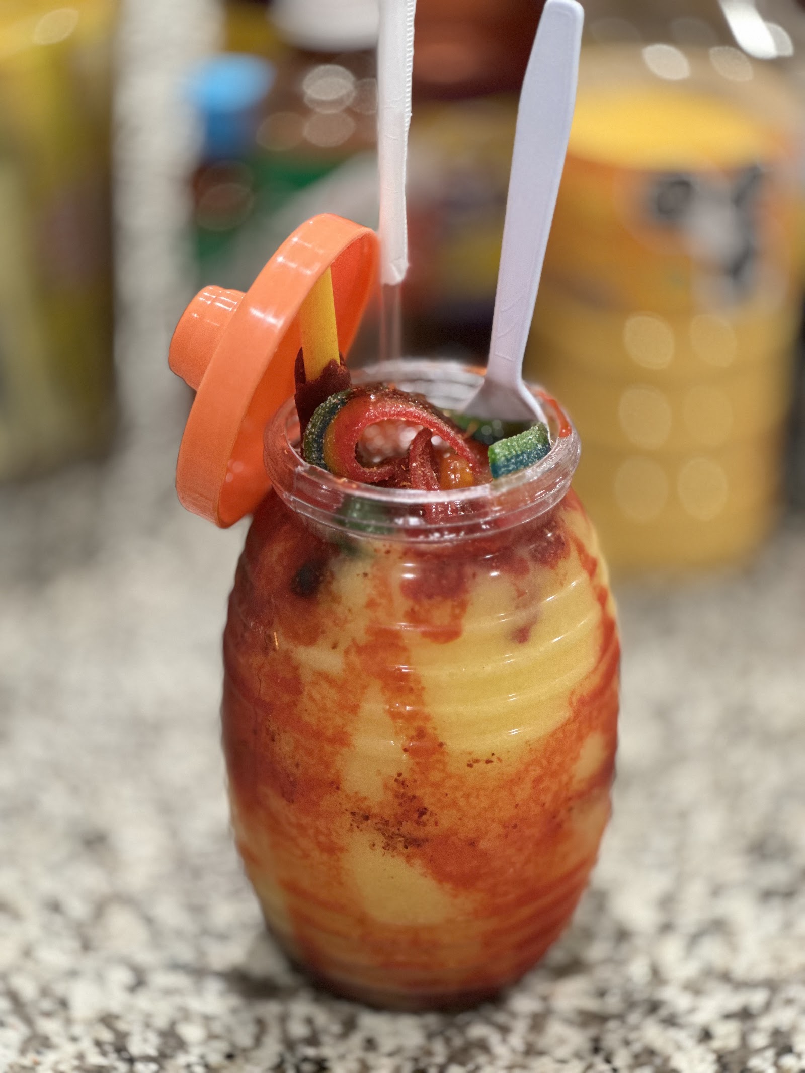 Dulce de pepino jar with candy and gummy toppers